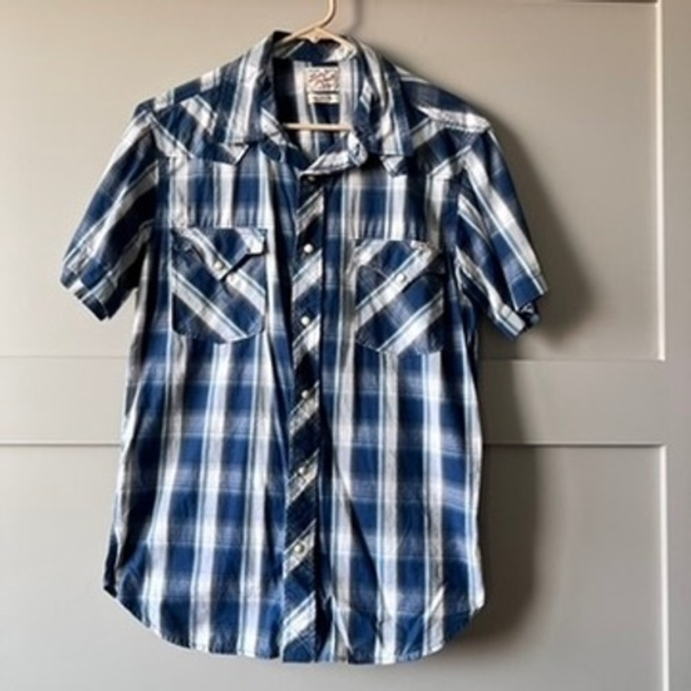 Lucky Brand‎ Western Pearl Snap Shirt Mens Medium Blue Plaid Short Sleeve Cowboy